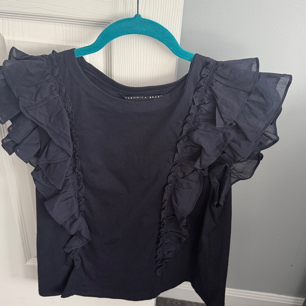 Veronica Beard cotton ruffled‎ tee navy m